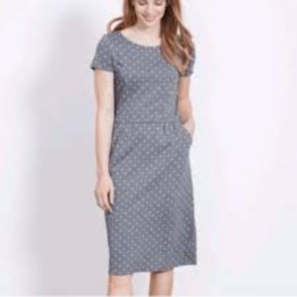 Boden Phoebe Jersey Smart Day Dress US 10 Blue Polka Dot Midi Cocktail Dress
